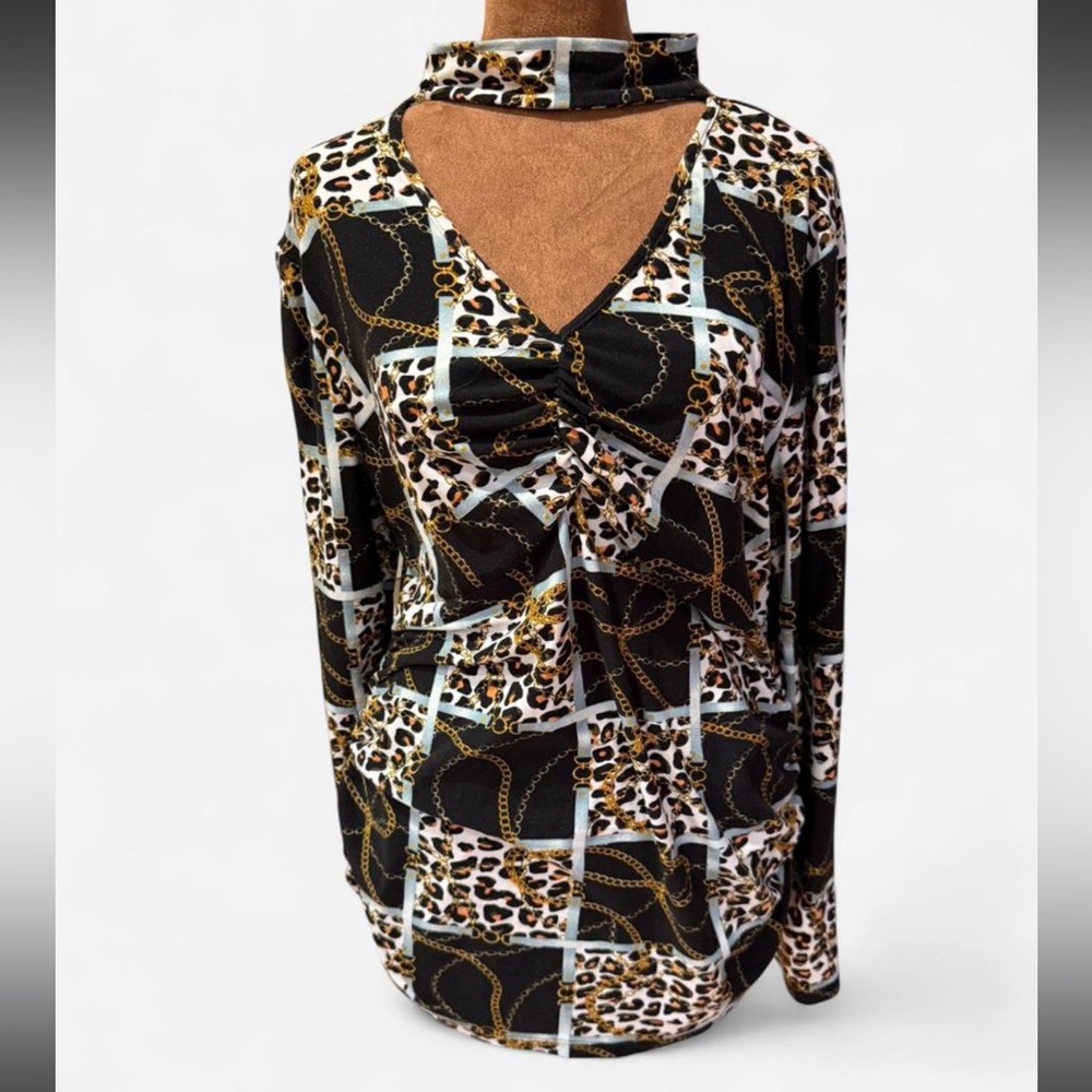 Chic Leopard Print Women's Choker Equestrian Patchwork Top